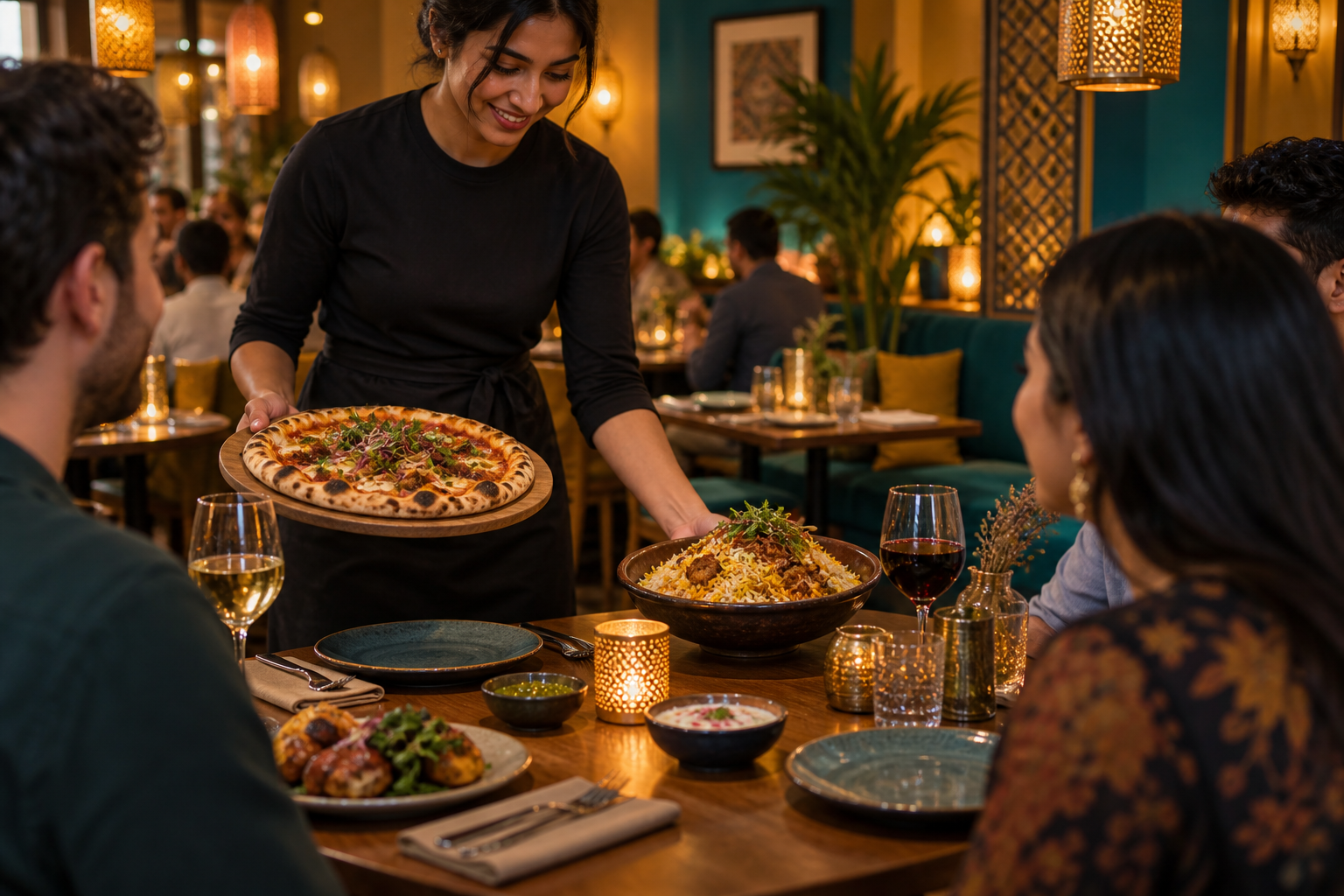 Server presenting pizza and biryani dishes to diners in a warm restaurant